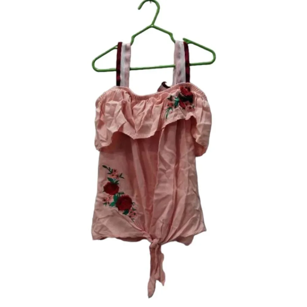 Girls pink strap ruffle floral embroidered‎ top